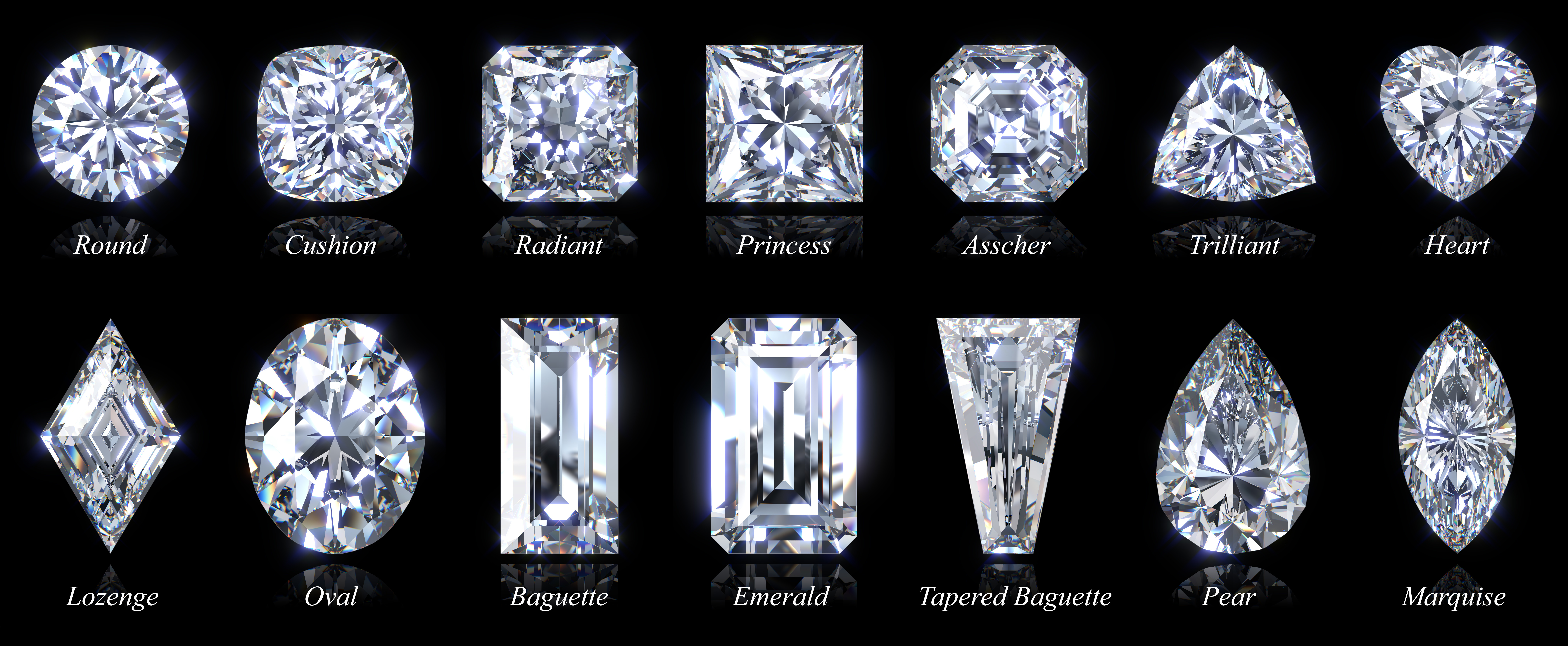 Fourteen Popular Diamond Shapes With Titles Isolated On Black